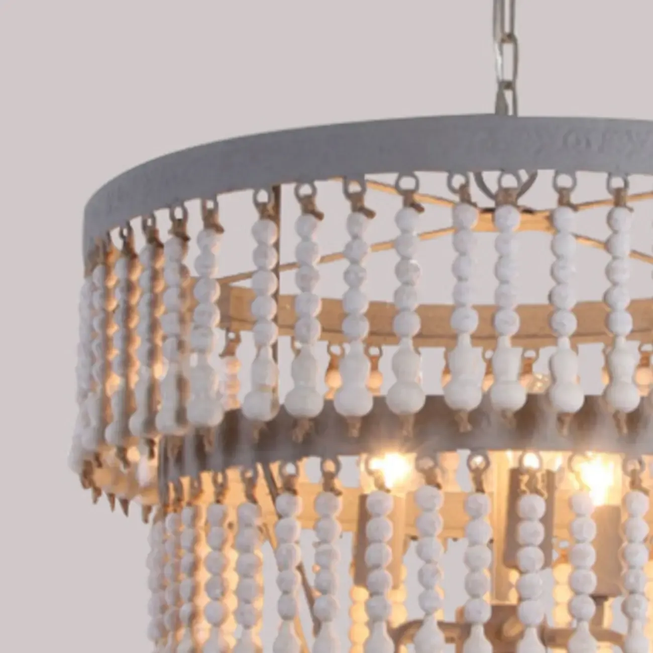 3 Tiers White Wood Beaded Chandelier with Elegant Design