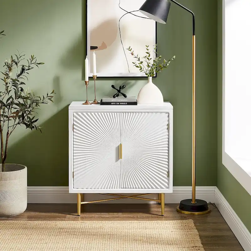 White / Natural Double-Door Sideboard Cabinet, Modern Geometric Style