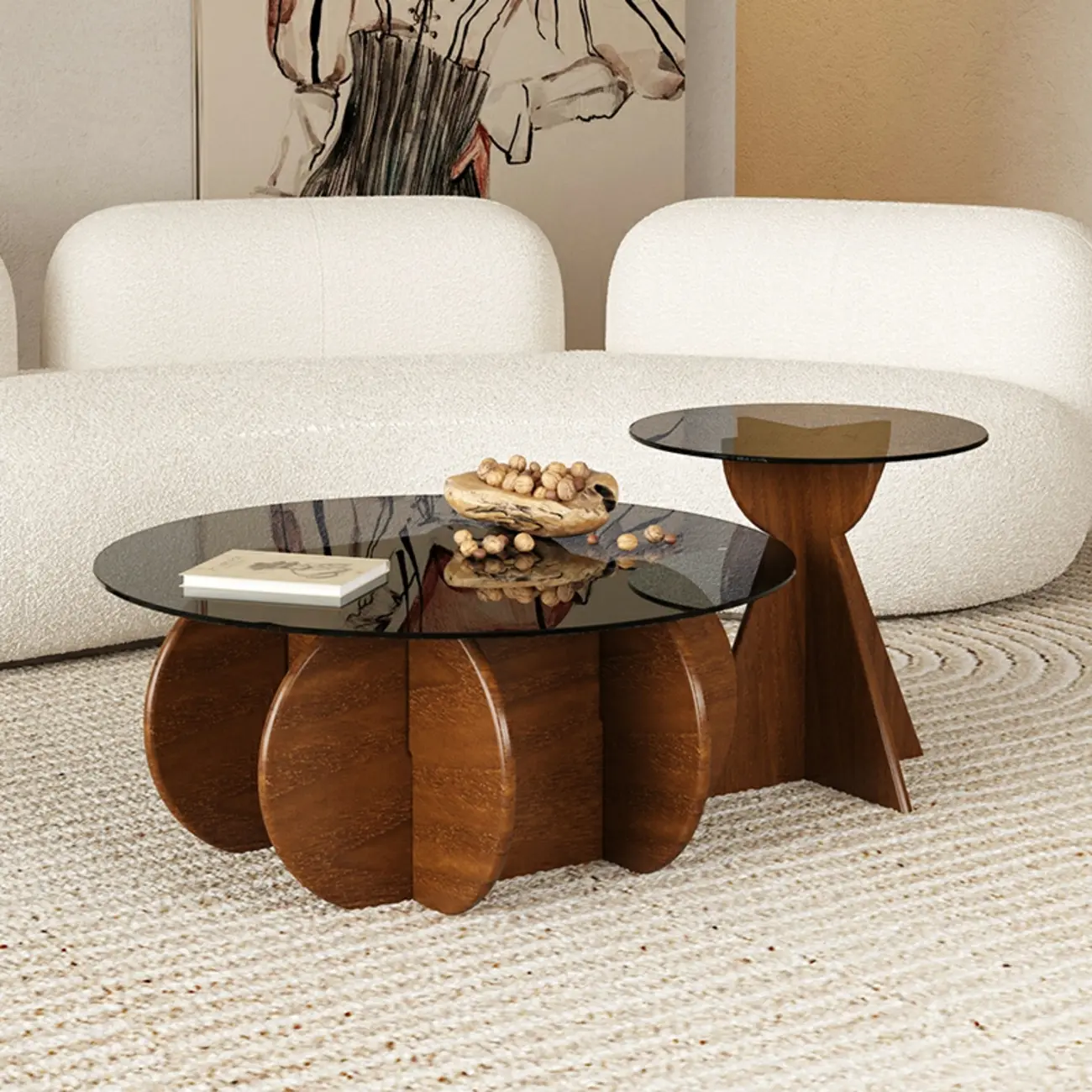 Brown Round Glass Top Wood Geometric X-Base End Table