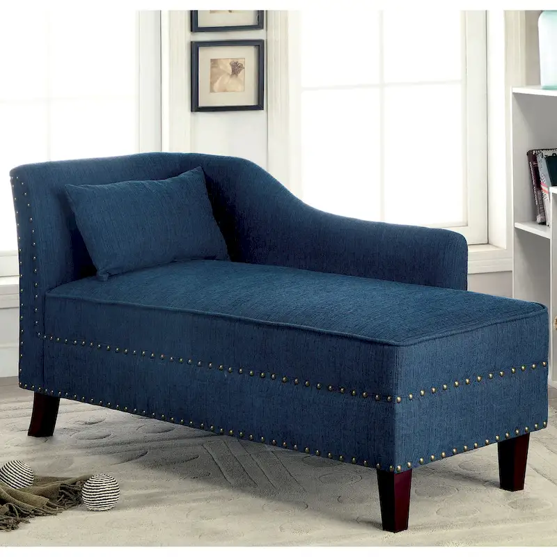 Dark Teal / Grey / Beige Linen Fabric Chaise Lounge with Nailhead Trim – Transitional Style, Seats 1