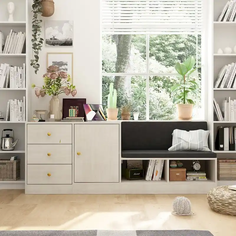 White Shoe Bench with Black Cushion and Adjustable Storage Drawers