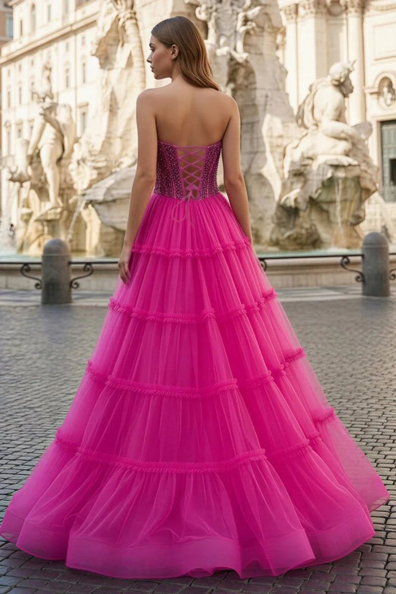 Sweetheart Fuchsia Beaded Ruffles Tulle Prom Dress