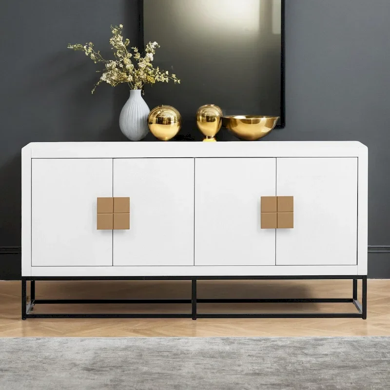 White/Navy/Black MDF & Wood Veneer 4-Door Cabinet with 3 Adjustable Shelves & Iron Legs