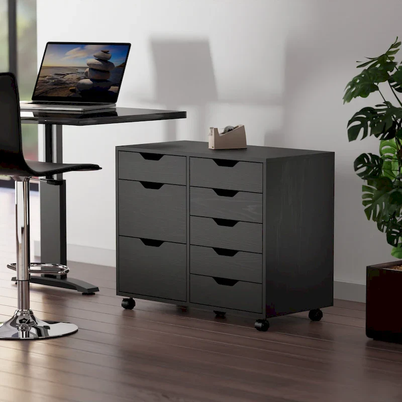 Black Lacquer 6-Drawer Mobile Storage Cabinet with 2 Cabinets & Lockable Swivel Casters