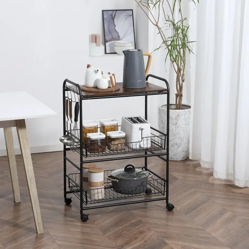 Kitchen Cart 24 3-Tier Rolling 2 Baskets 4 Hooks MDF Metal 360° Casters Industrial 33 LBS