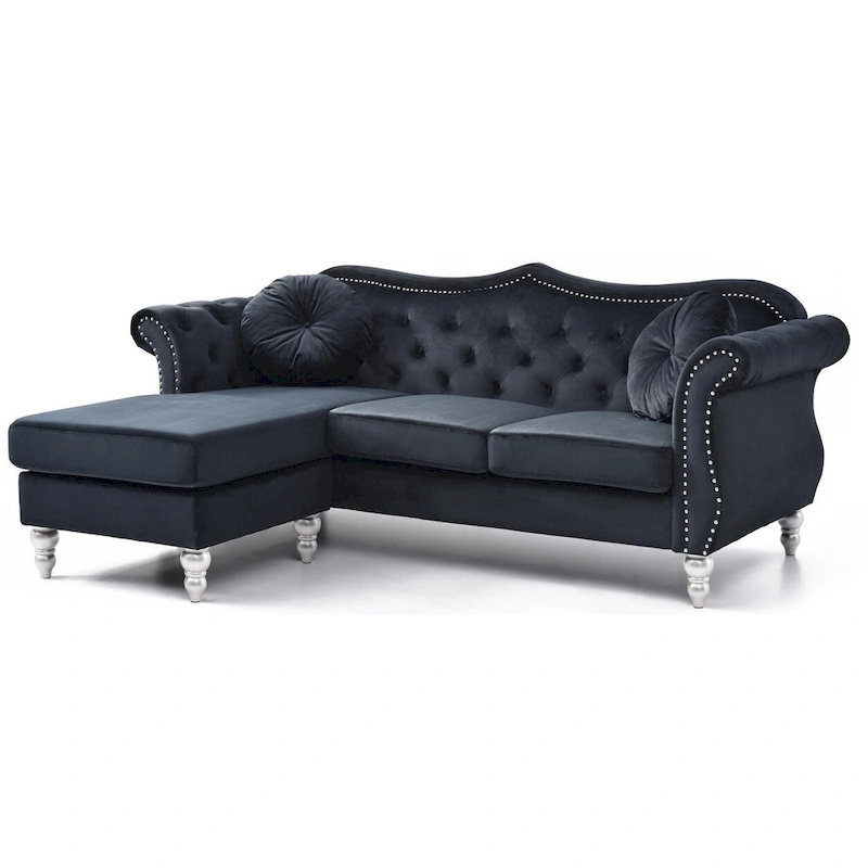 Hollywood 81 in. Velvet Chesterfield Sectional Sofa with 2-Throw Pillow - 81L x 35W x 34H