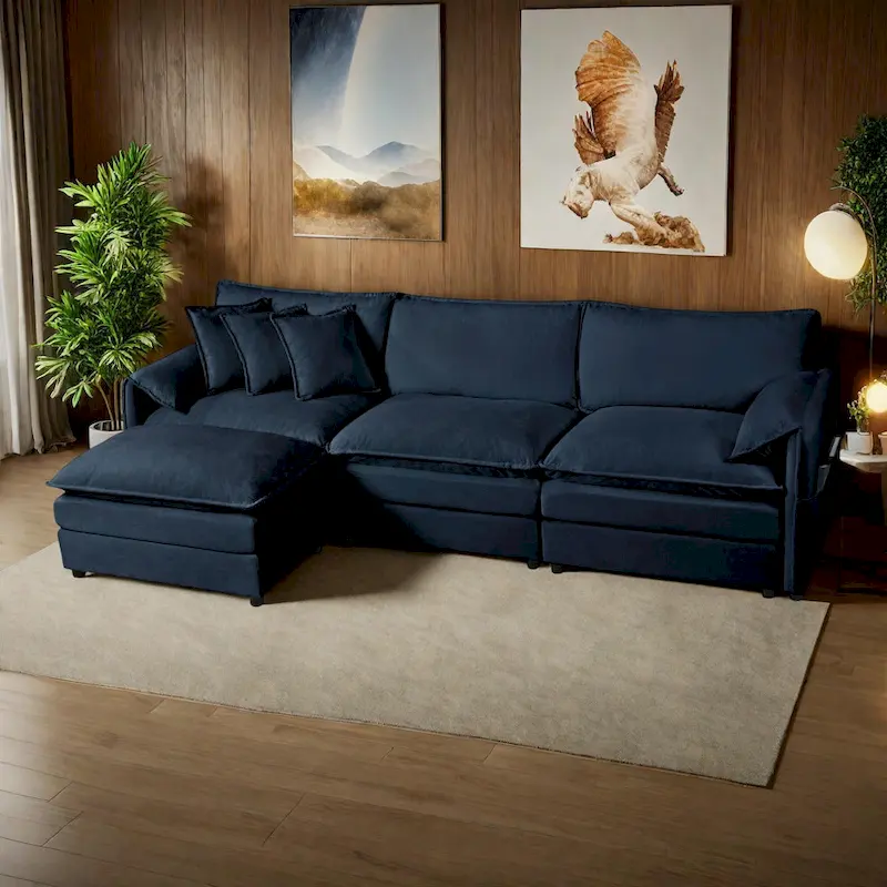 109.45 Chenille Upholstered L-Shaped Modular Sectional Sofa with Double-Layer Cushions, DIY Combination
