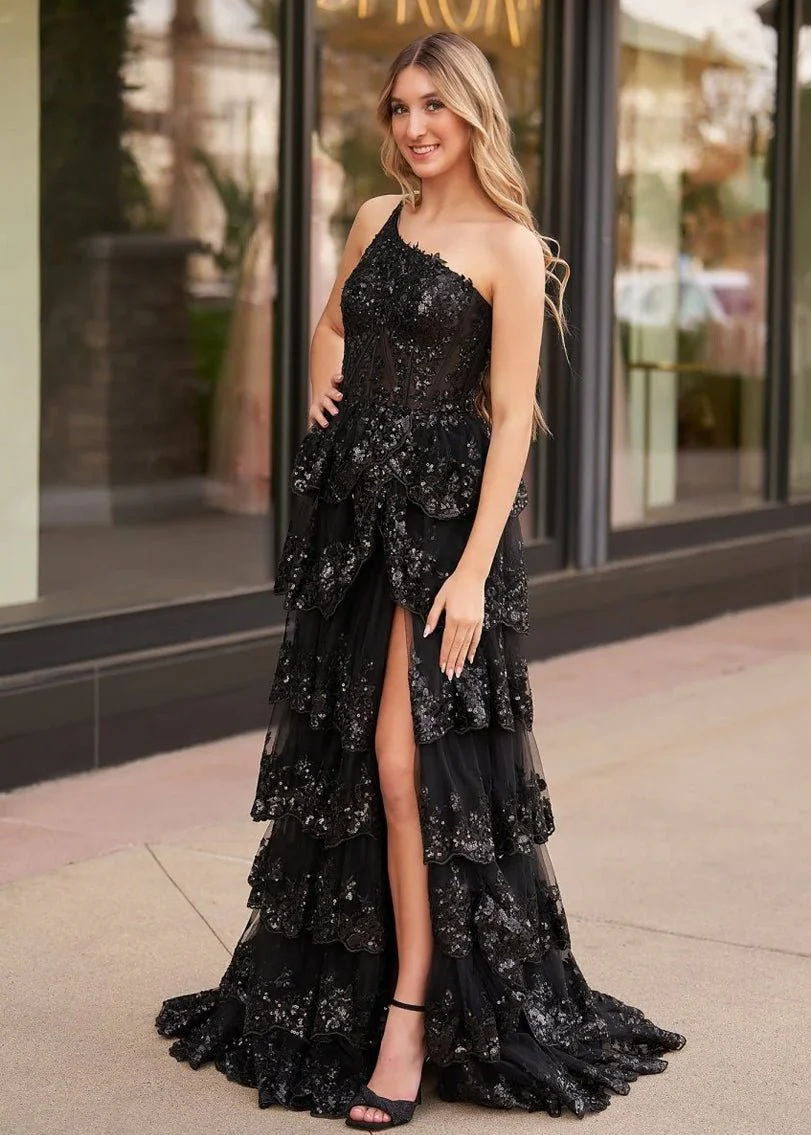 Sheath One Shoulder Tiered Lace Long Prom Dress