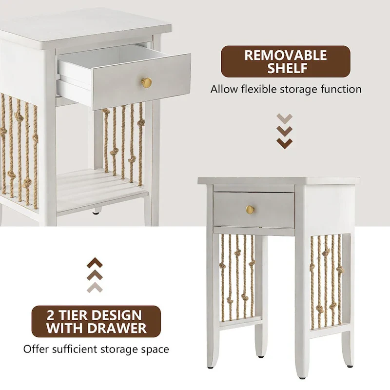 COSIEST Distressed White End Table with Drawer - 14 D x 18 W x 26.4 H