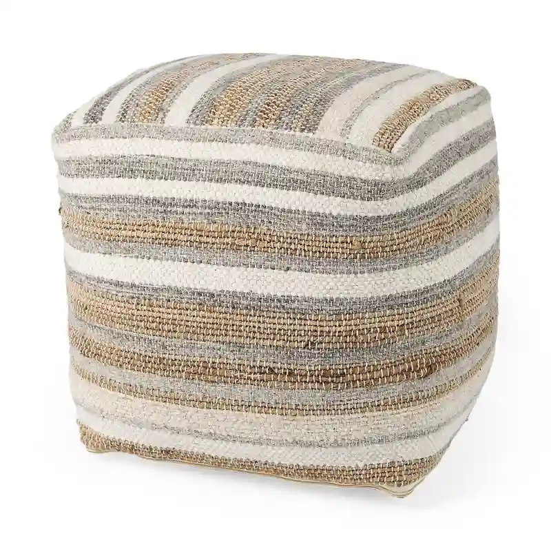 Multi-Colored Striped Hemp and Cotton Square Pouf
