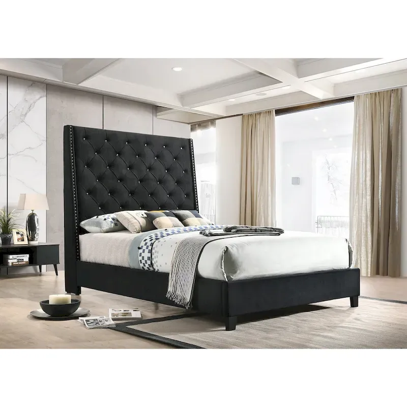 Black Velvet Button-Tufted Upholstered Bed – Queen / King