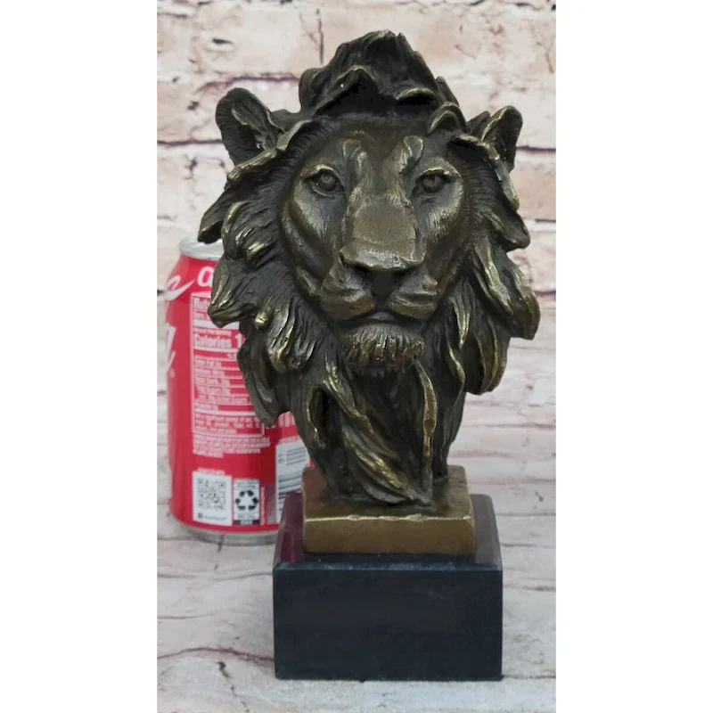 Male Lion Bronze Bust Statue Sculpture Figure On Black Marble Base Signed Barye 9 Inches X 4 Inches