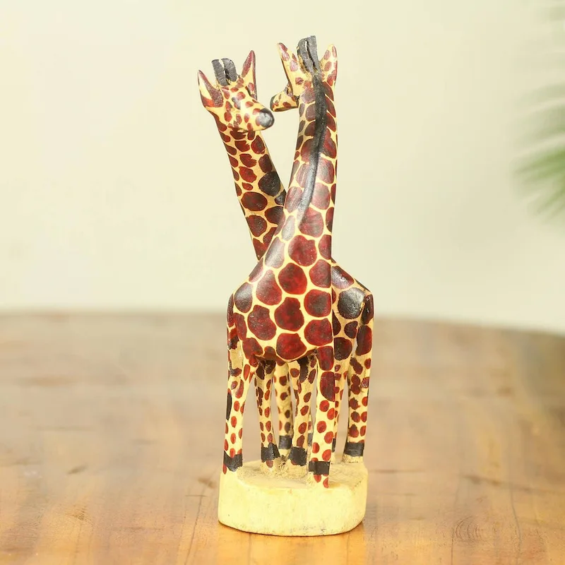 Handmade Giraffe Harmony (small) Teakwood sculpture (Ghana) - 25 x 13 x 10