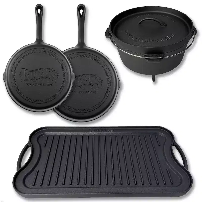 Lehman's Campfire Cooking 4-Piece Set, Nitrided, Dutch Oven, Skillets, and Griddle