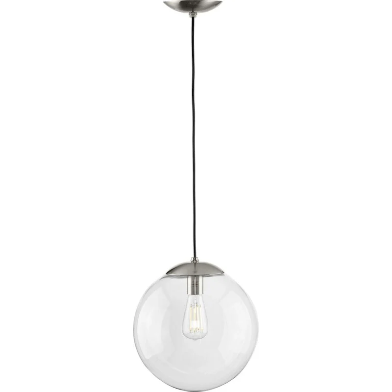 Atwell Collection 1-Light Clear Glass Brushed Nickel Large Pendant - 12 in x 12 in x 12.5 in