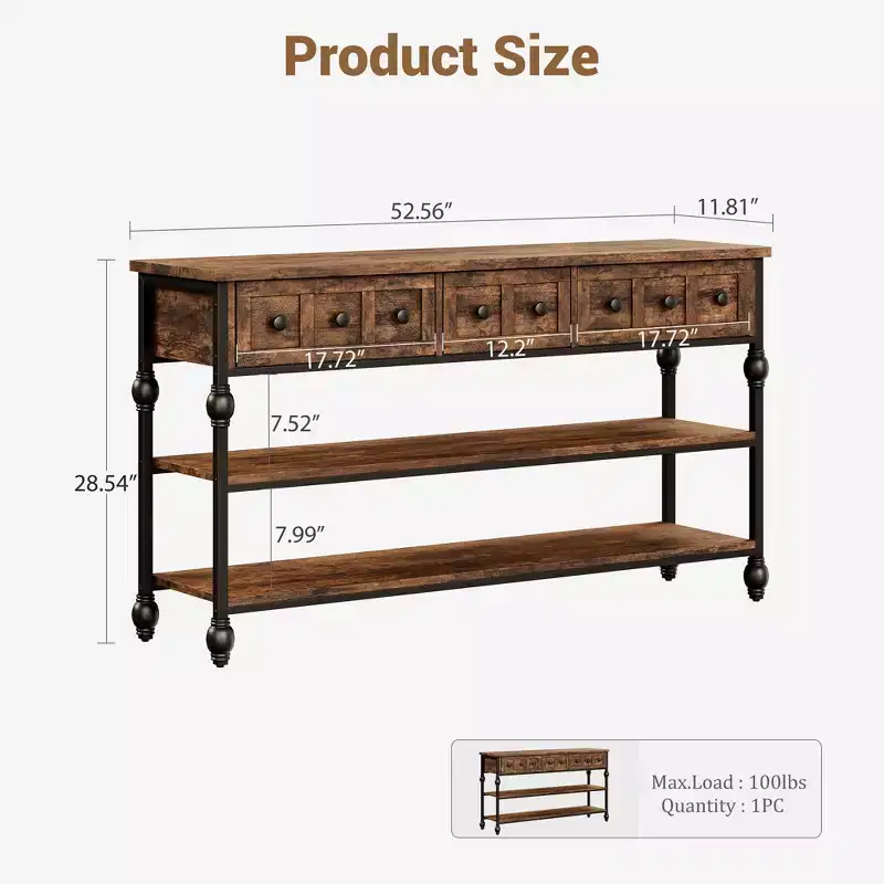 COZONY 52 Industrial Console Table with 3 Storage Drawers & 3 Tiers  Metal Sofa Table for Living Room, Hallway & Entryway, Behind Couch Storage