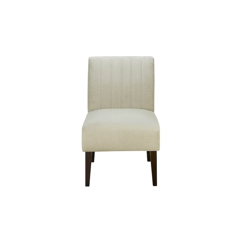 Paula 30 Inch Accent Chair, White Fabric, Channel Tufted Back, Brown Wood