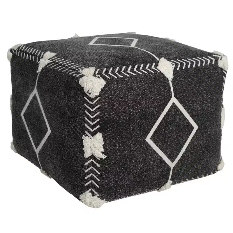 HomeRoots 18 Black Cotton Geometric Pouf Ottoman