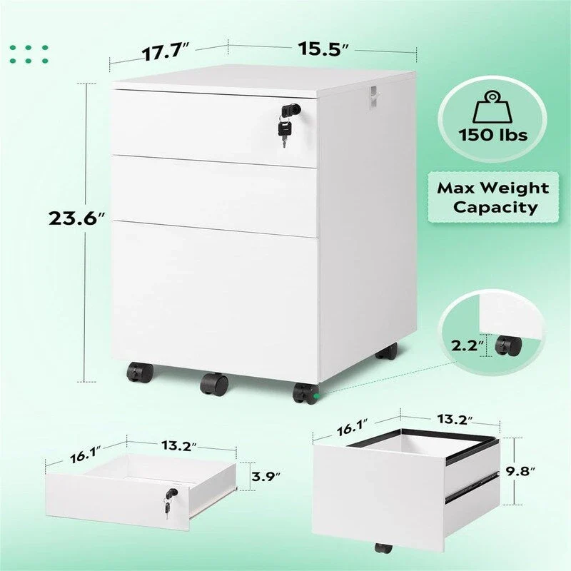 3 Drawer File Cabinet with Lock - 17.7 D x 15.5 W x 25.8 H