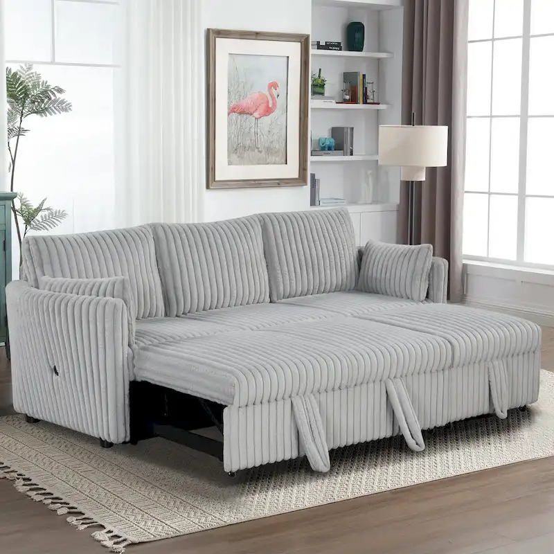 Fabric Sleeper Sectional Sofa with USB Port and 2 Pillows