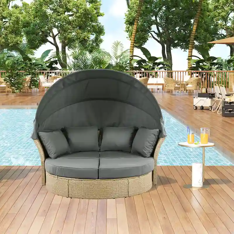 Outdoor Patio Daybed, Outdoor Furniture Set with Retractable Canopy, Patio Wicker Rattan Round Sofa with 4 Pillows