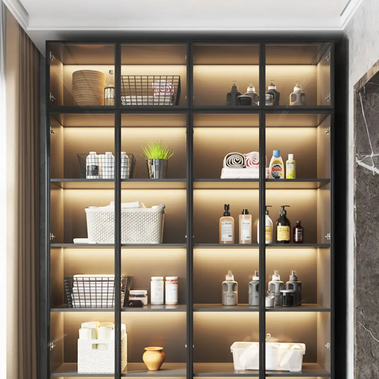 Freestanding Grey Wood Glass Display Cabinet with Light