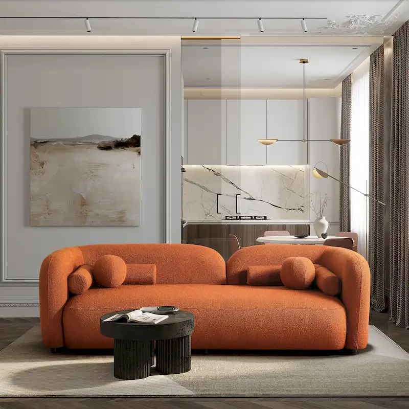 Curved Arm Boucle Sofa, 3-Seater – Burnt Orange / Dark Yellow / Ivory