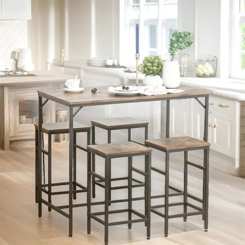 Wood Dining Table Set with Bar Table and 4 Stools Set(Set of 5)