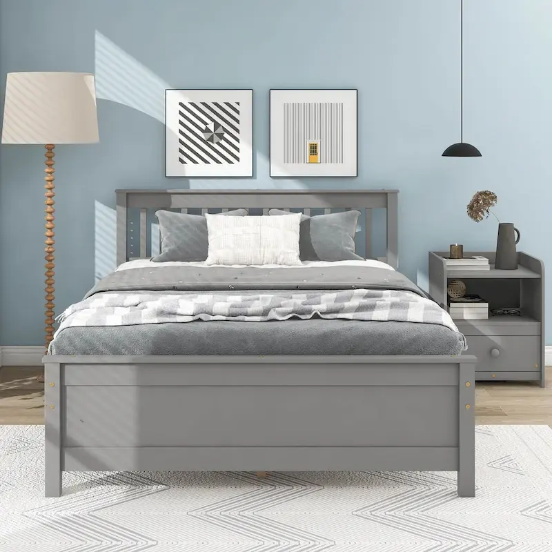 Grey Pine Wood Full Bed with Slatted Headboard and Footboard - No Box Spring Required, Includes Nightstand