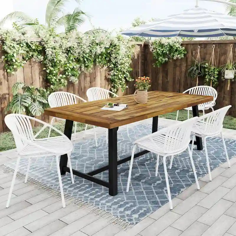 7 Pieces Outdoor Modern Dining Set with Stackable Chair, White