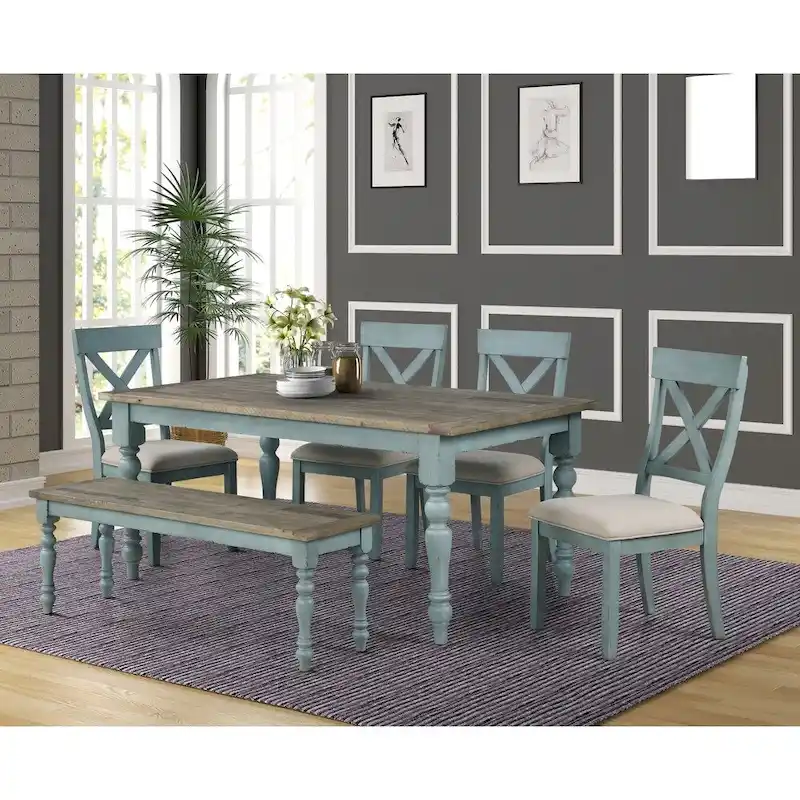 Roundhill Furniture Prato Blue and Brown Two-Tone Finish Wood Dining Table - N/A