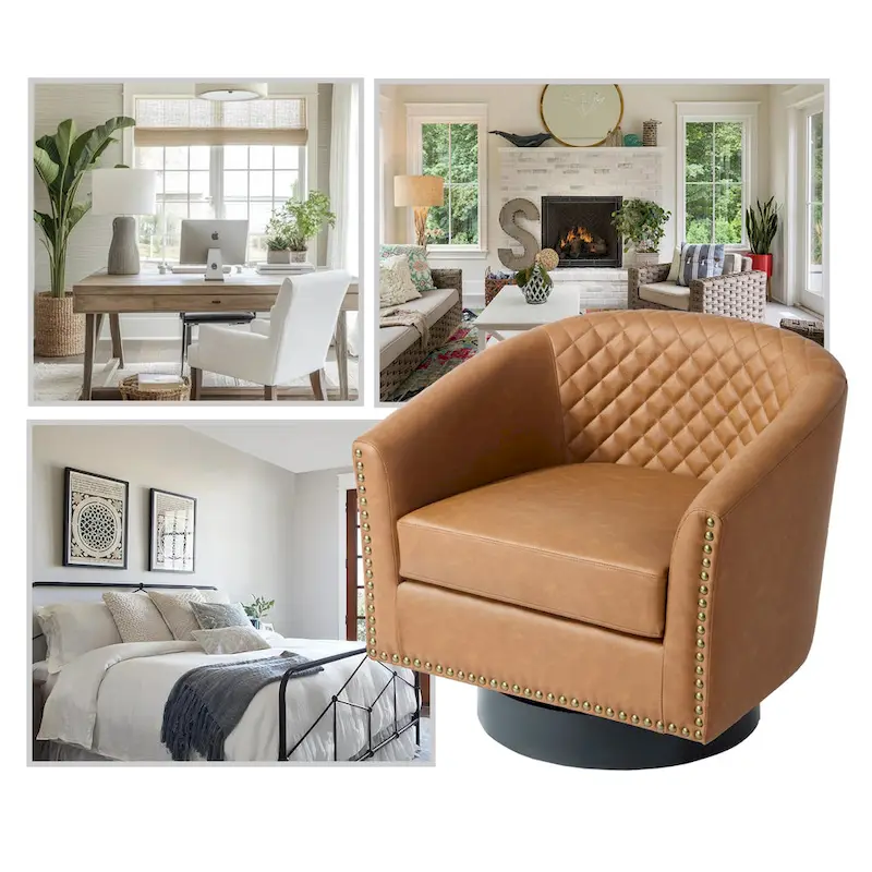 Faux Leather Nailheads Swivel Barrel Chair Set of 2