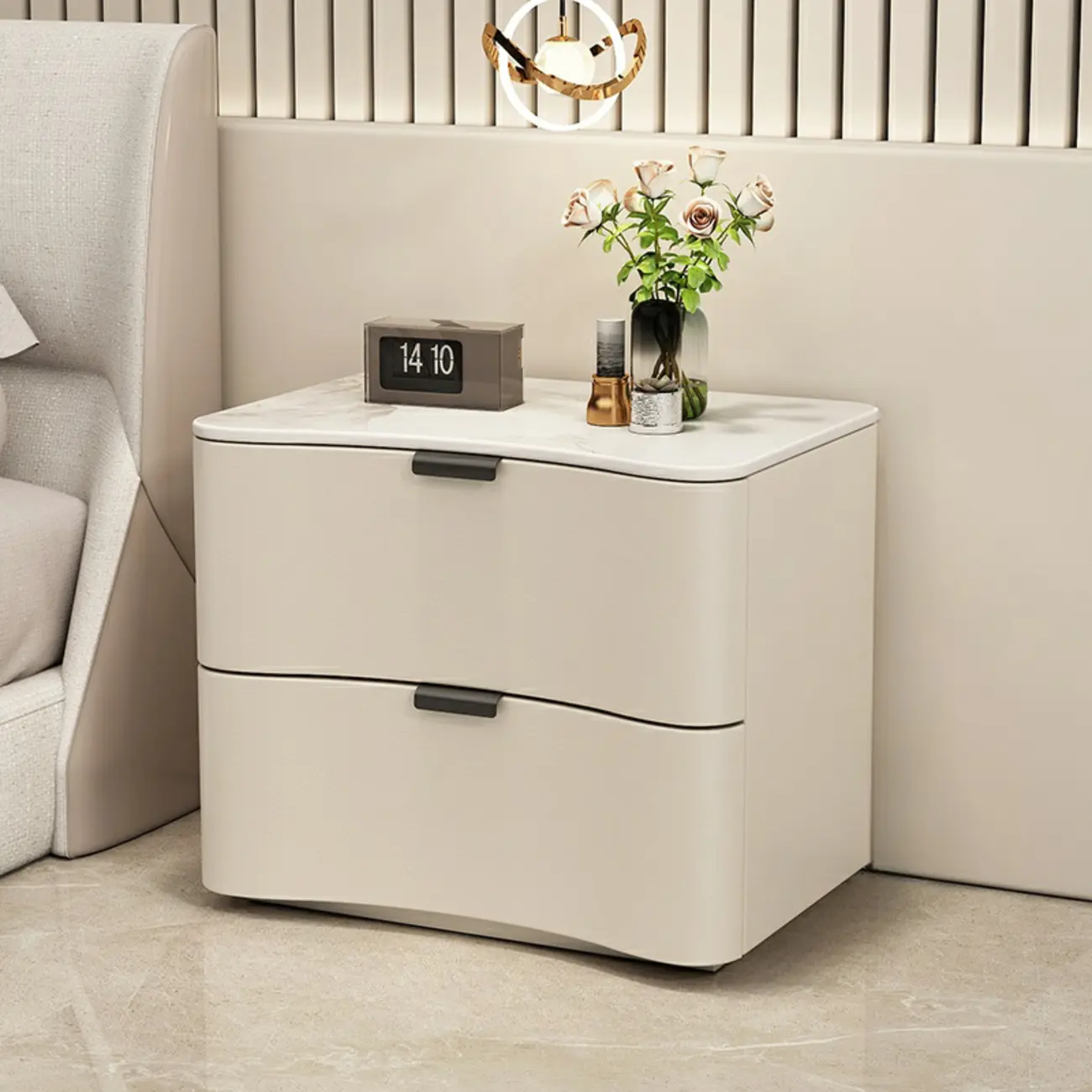 Modern Waved Stone Top Leather 2-Drawer Nightstand