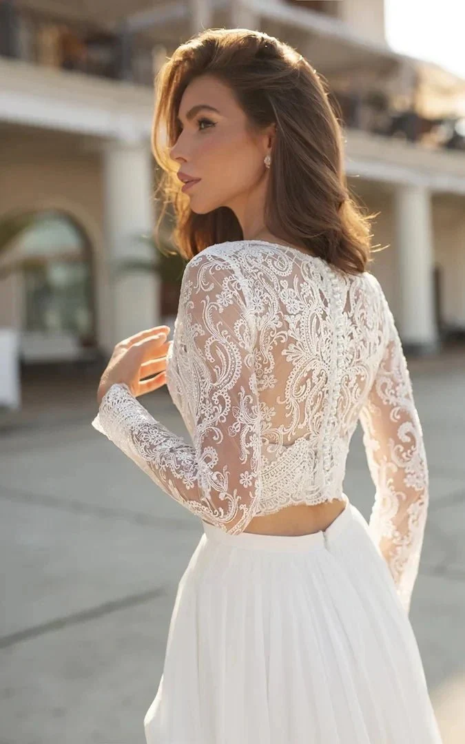 Two Piece V-neck Wedding Dress with Sweep Train Lace Long Sleeves