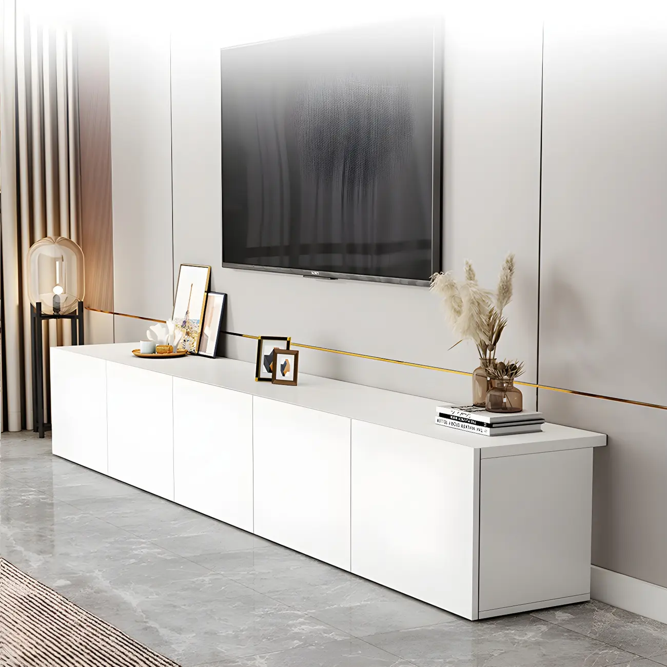 63 White Wooden Cable Management TV Stand with Drawers