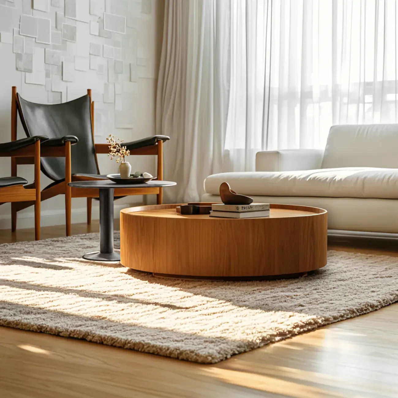 Modern Two-Part Glass Wood Round Coffee Table