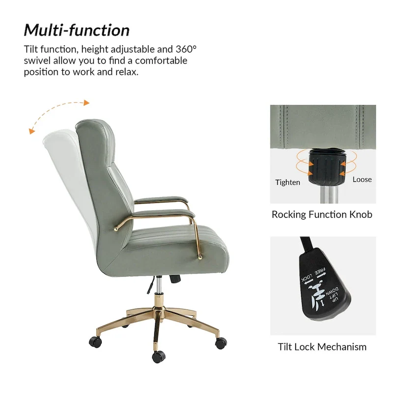 Mid-Century Modern Vegan Leather Office Chair - Swivel Tilting Ergonomic Desk Chair with Channel Tufted Design & Adjustable Height