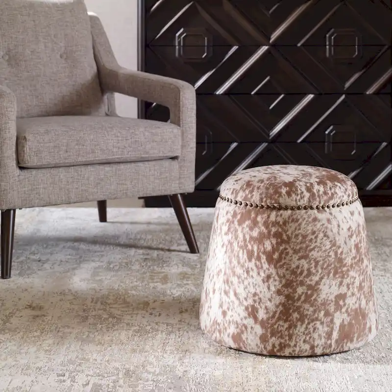 Cow Hide Pouf Ottoman with Nail Heads - 17 - Brown and White