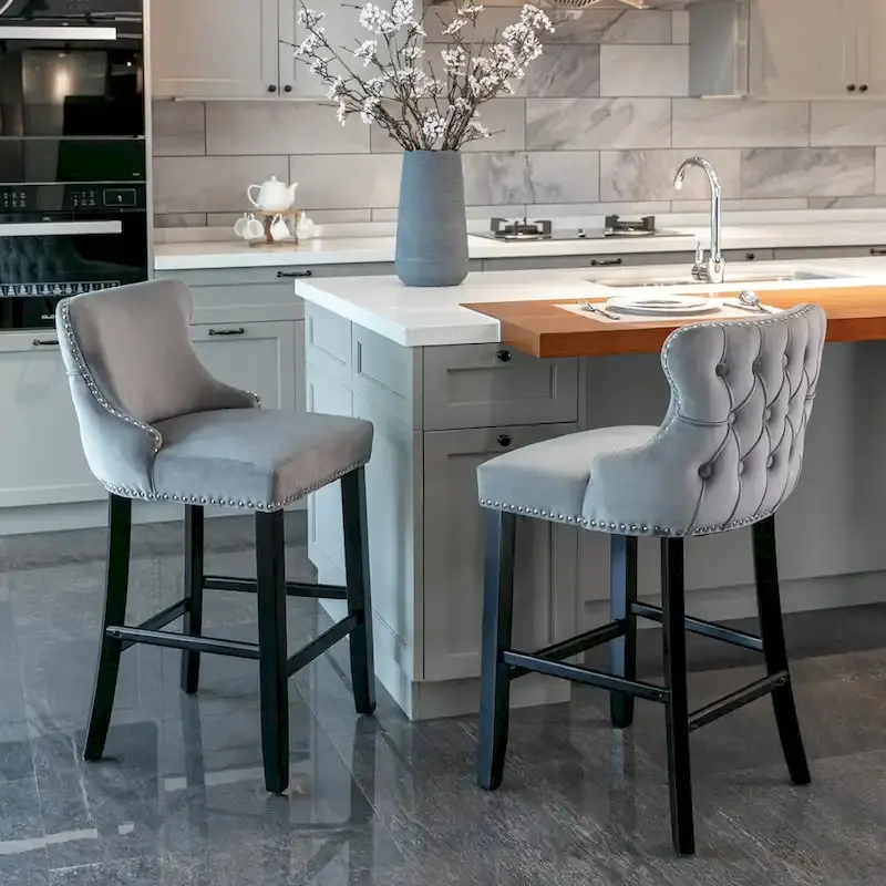 Velvet Wing-Back Barstools with Button Tufting – Set of 2