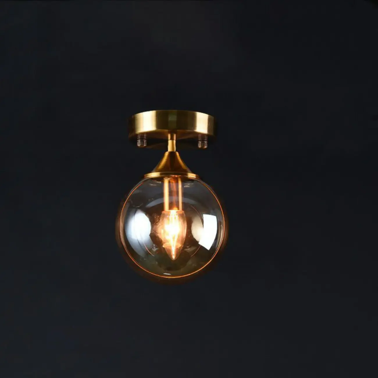 1-Light Circular Brass Glass Ball Semi Flush Ceiling Light