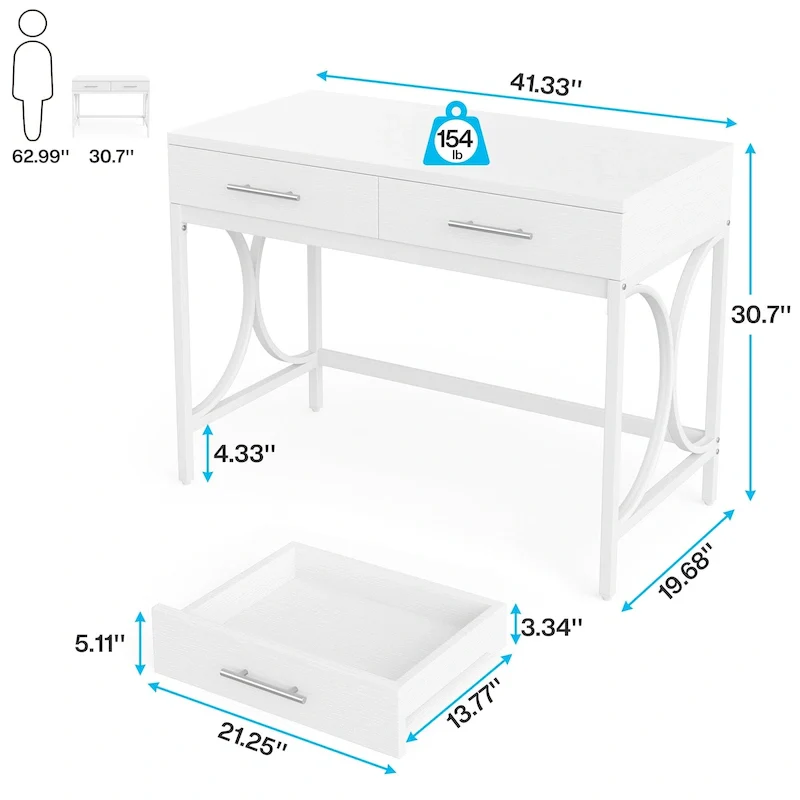 Modern Computer Writing Desk with 2 Drawers, White and Gold Home Office Desk, Makeup Vanity Table