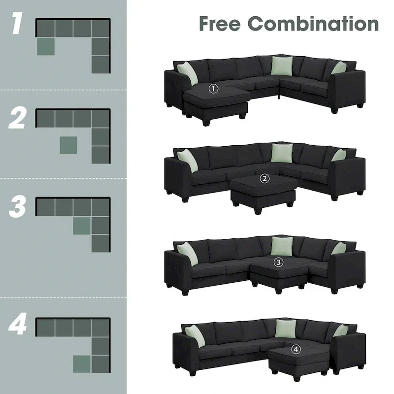 112-inch L-shaped 7-seat Modular Sectional Sofa with Ottoman and Three Pillows - 112W x 87D x 33H