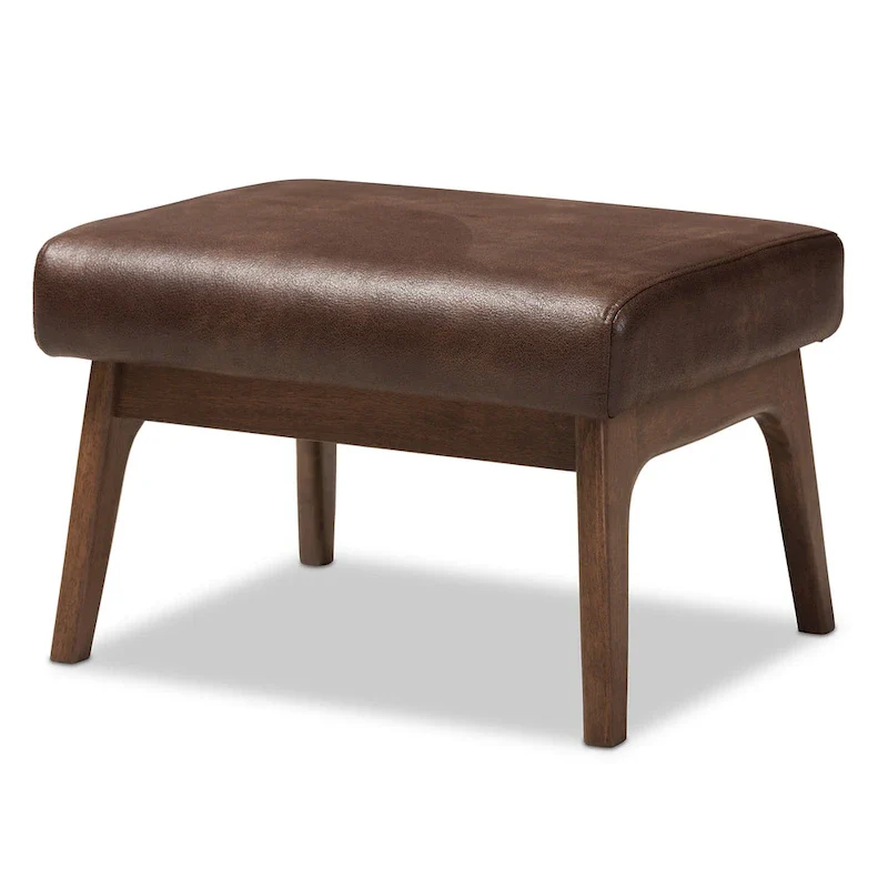 Brown Faux Leather Ottoman with Wood Legs