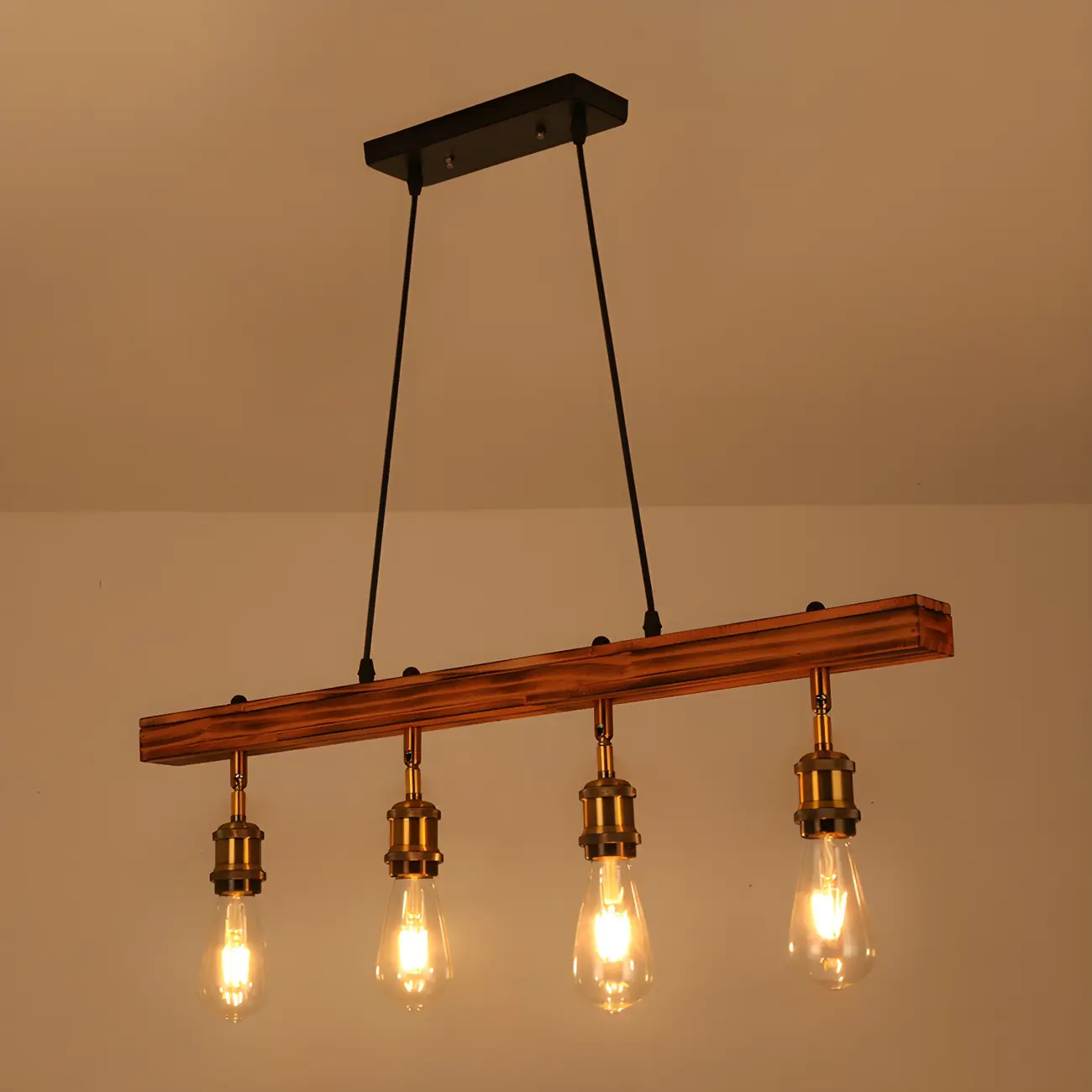 Industrial Brown Wood Brass Adjustable 31.5 Pendant Light