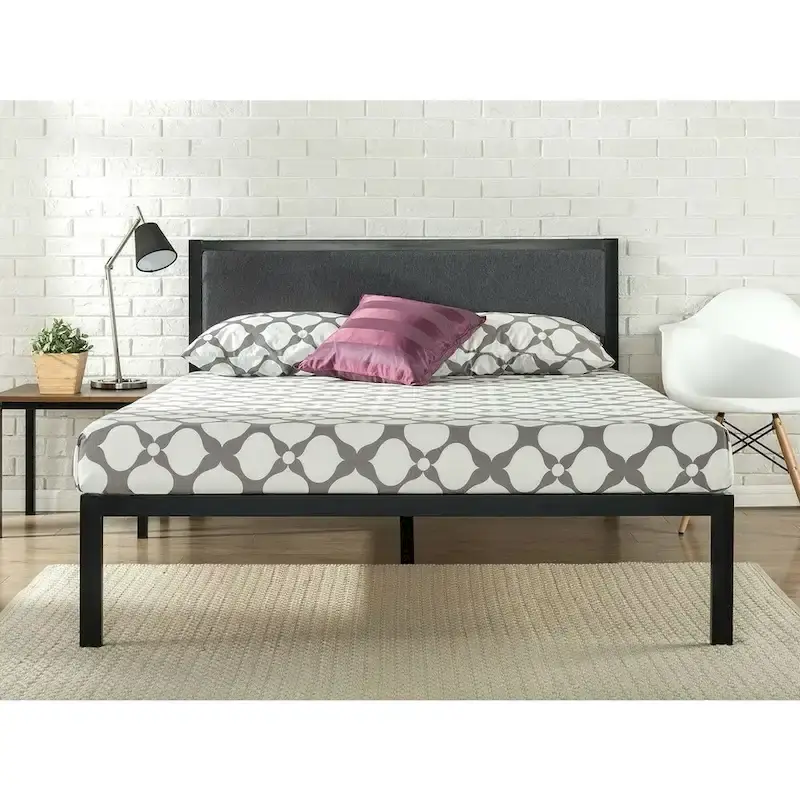 Black King Platform Bed Frame with Upholstered Headboard, Wood Slats, 1-Person