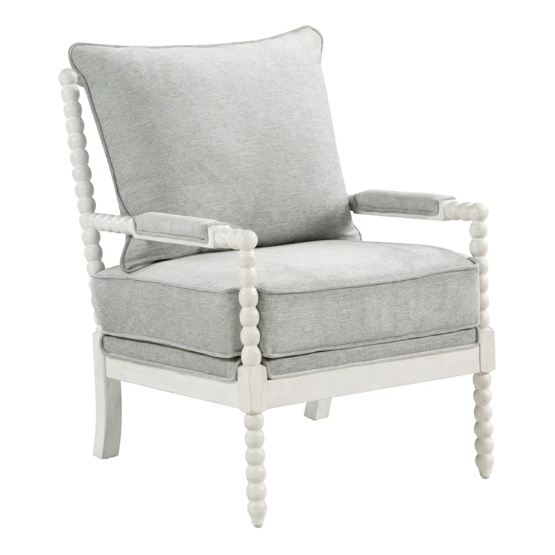Spindle Accent Chair, Upholstered, Single Seat – Light Grey / Denim / Linen / Antique White