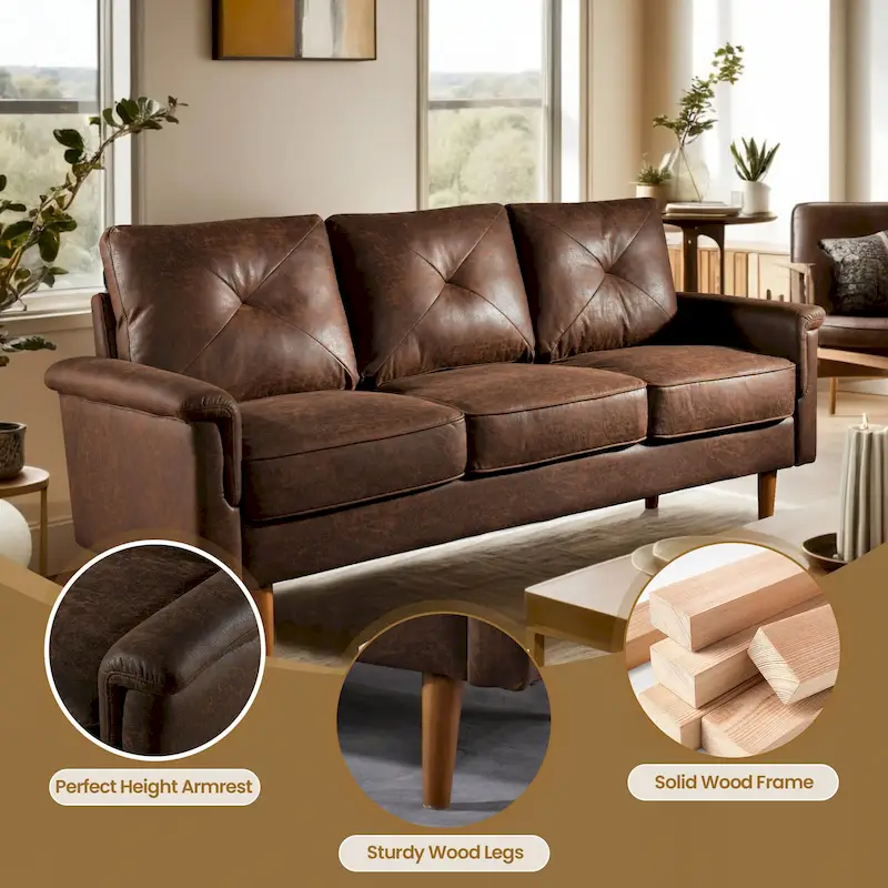 Mid-Century 3-Seat Upholstered Sofa with Wood Legs