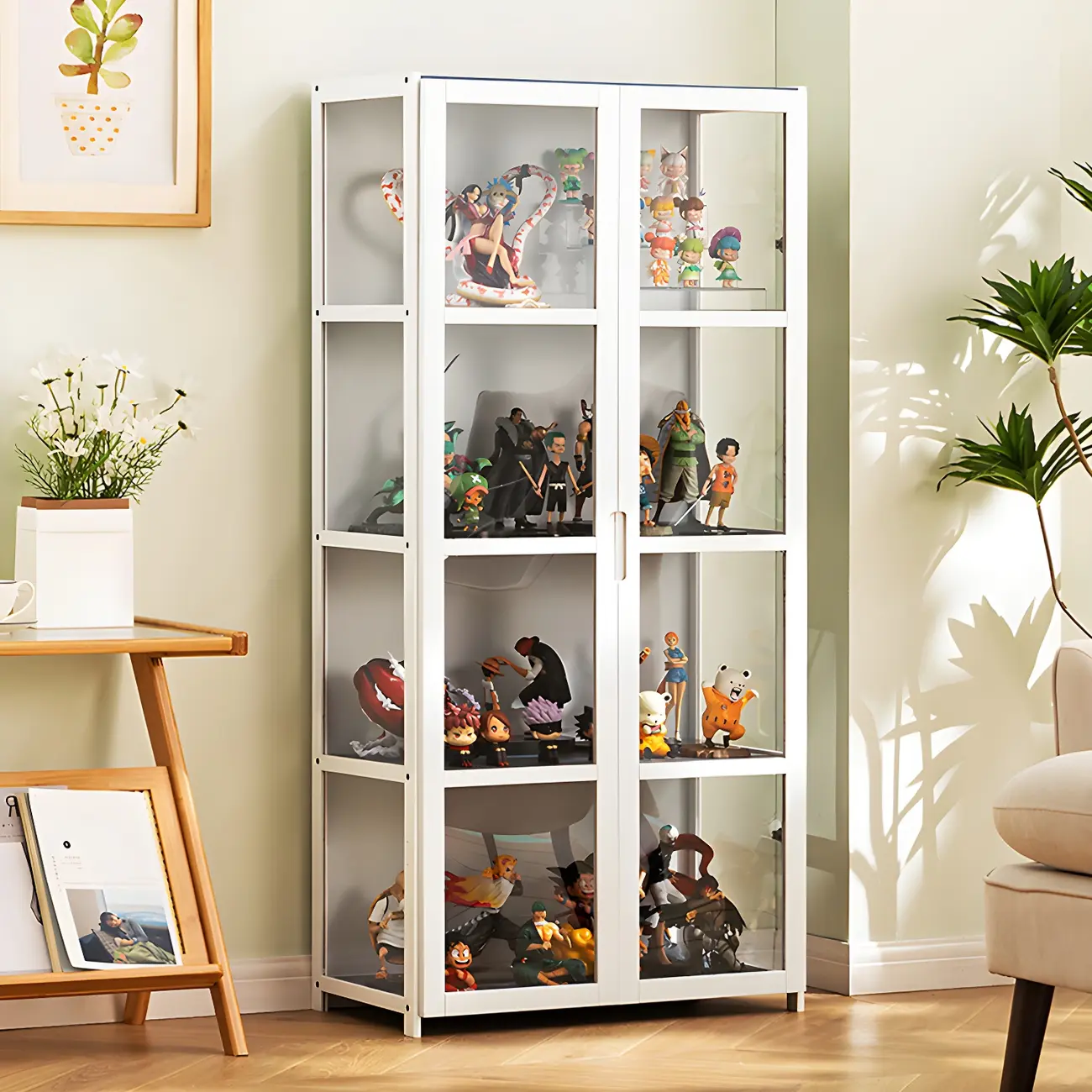 White Modern Bamboo Clear Figure Curio Cabinet