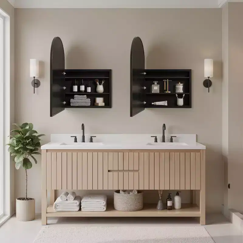 PexFix 2Pcs Arched Medicine Cabinet with Mirror Metal Framed Bathroom Mirror Cabinet with Storage Recessed & Surface Mount Wall Mounted Vanity Cabinet