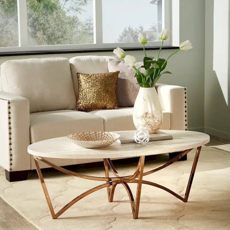 Champagne Gold Coffee Table White Faux Marble Top Intertwined Metal Base 47.75